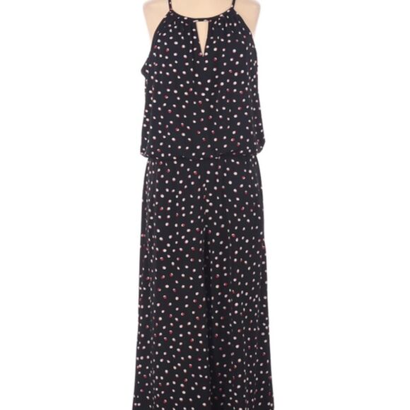 Wisp Pants - Wisp Black Jumpsuit Size 6 White & Red Polka Dots Keyhole V Neckline Belted